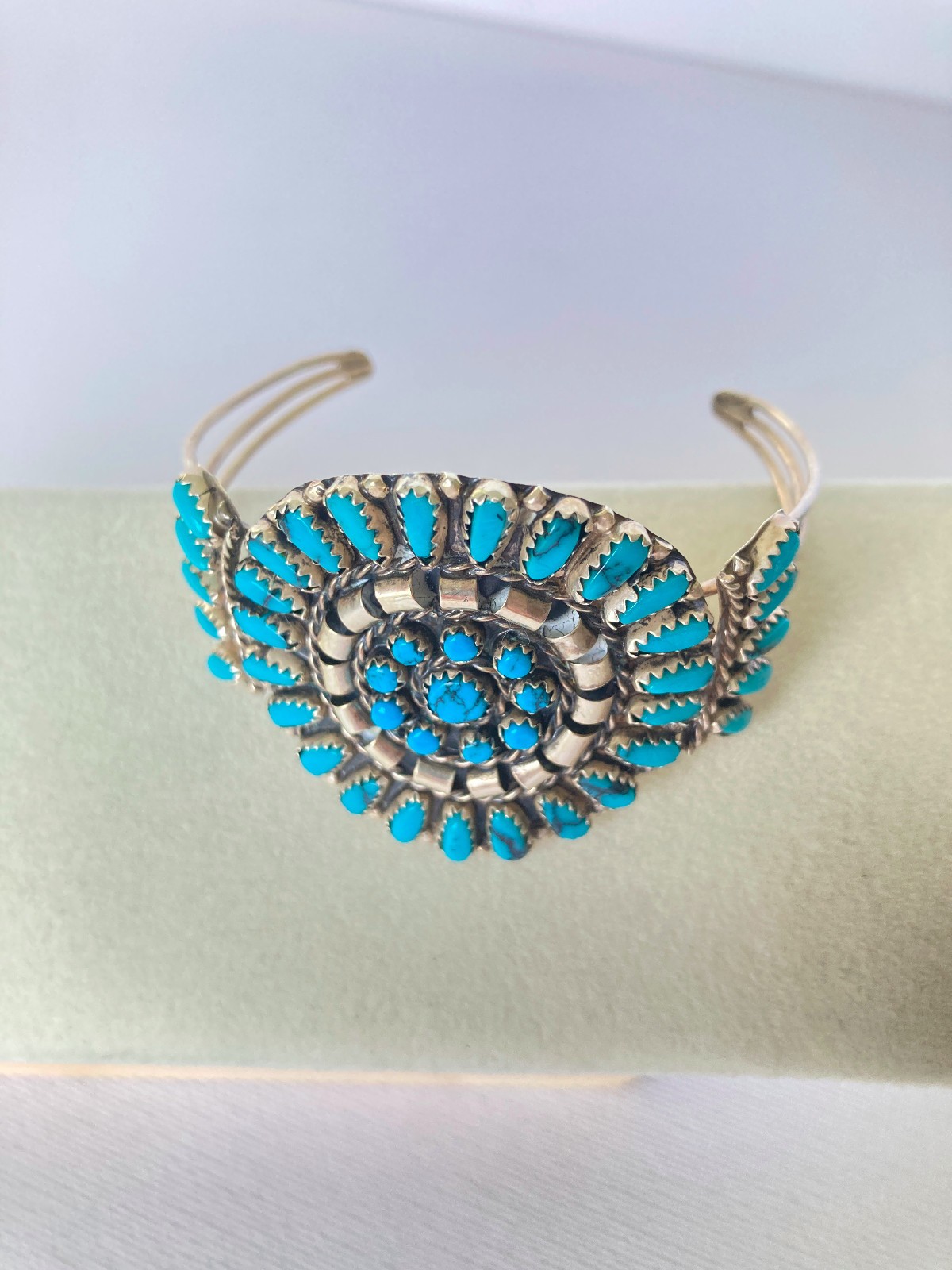 Authentic Navajo Handmade Sterling Silver & Natural Turquoise Cluster Bracelet