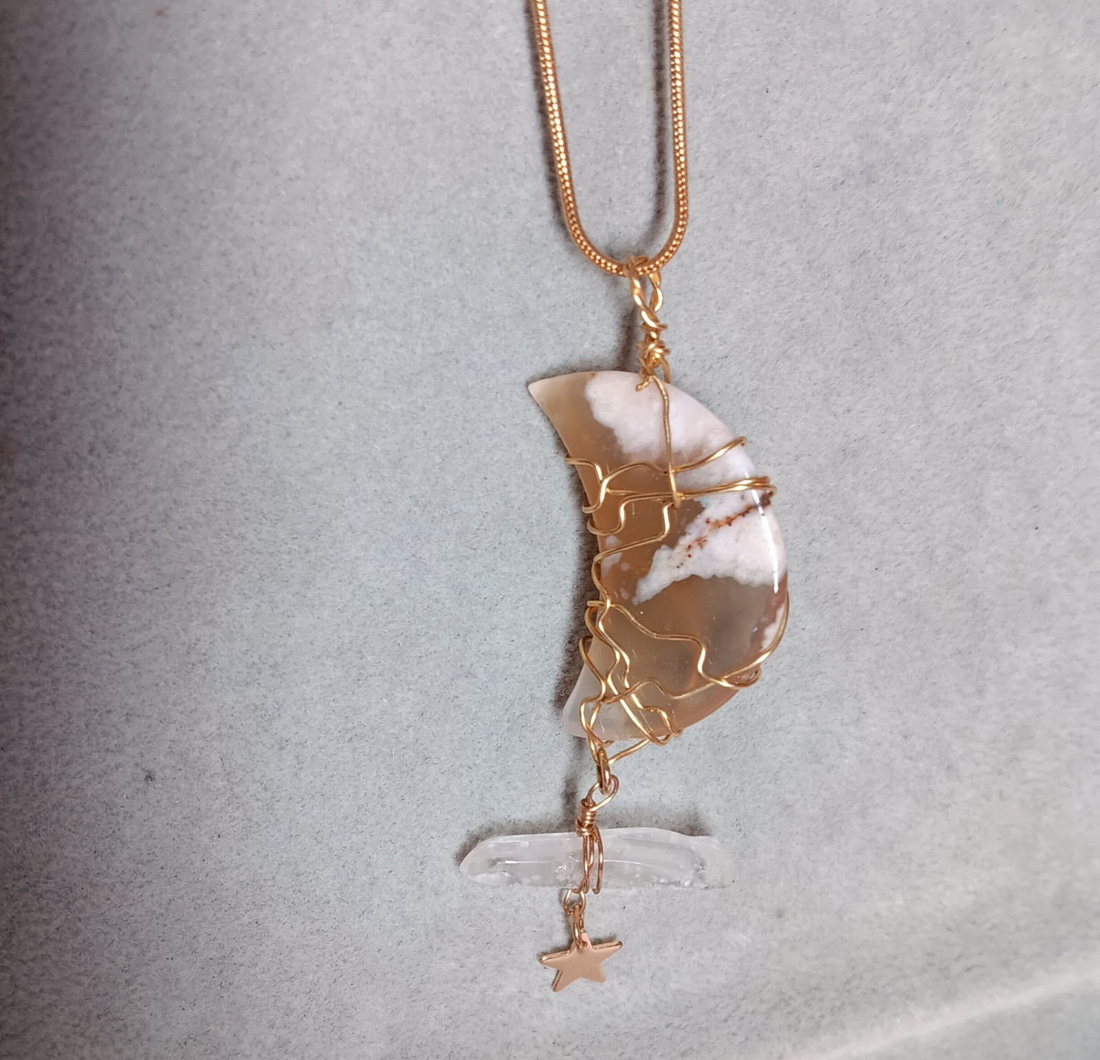 Wire Wrapped Jewelry Moon Pendant Star Necklace Agate Quartz Crystal Lapis Stone