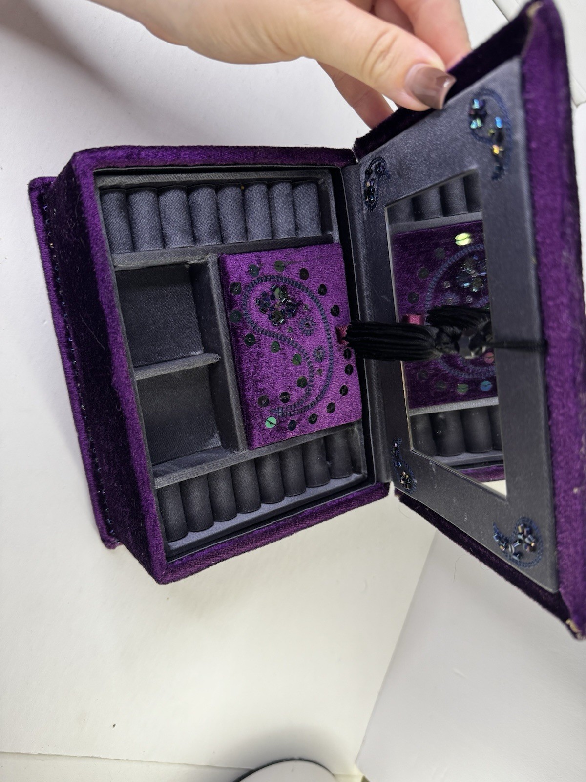 Vintage Purple Velvet Jewelry Box Mirror Drawer Ring Organizer Beaded Decor