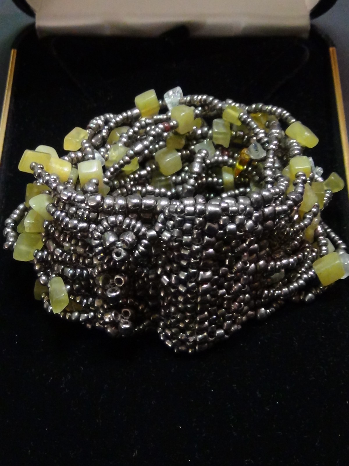 Multi-wrap Bracelet Cuff Beaded Glass Grey Lime Green Bracelet Button Closure