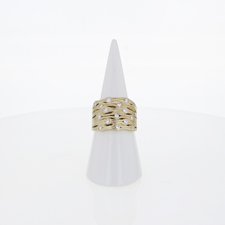 Dainty 14k Yellow Gold Artisan Statement Multi Row Design H/SI Diamond Wide Ring