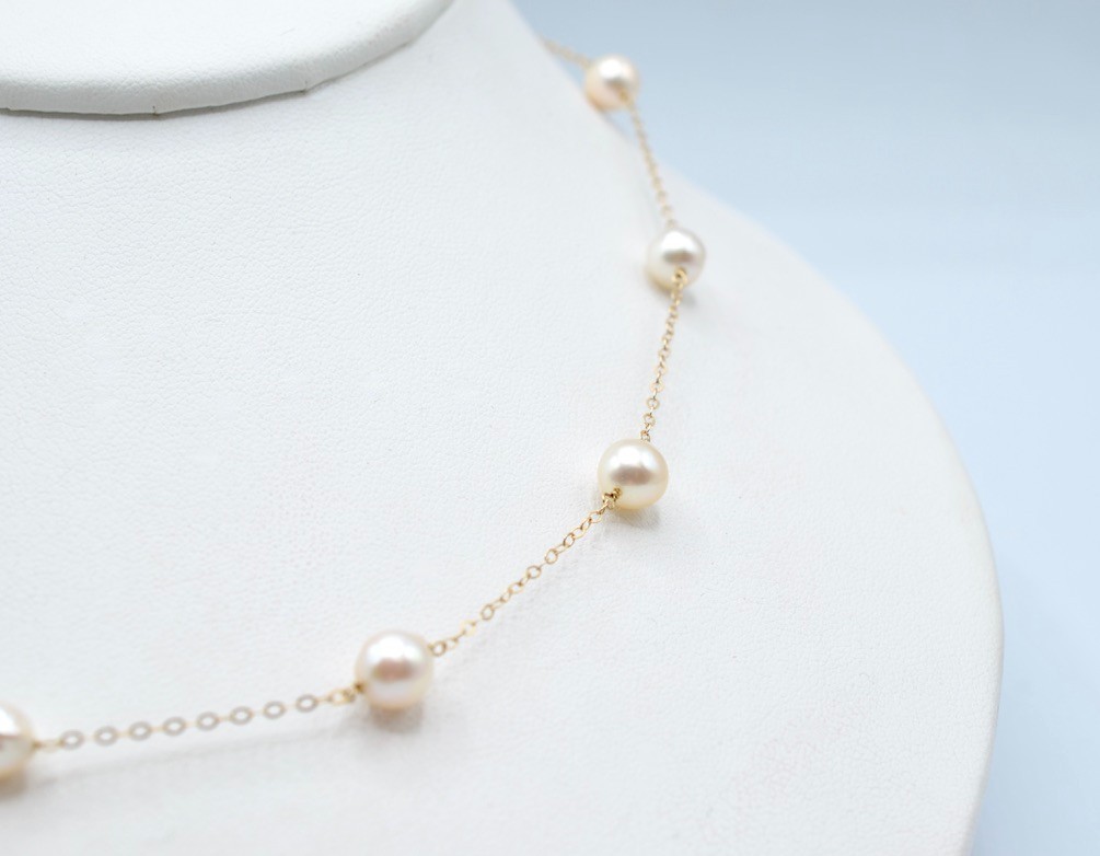 Vintage 14k Gold & White Pearl Necklace – 10 Pearls ~6.9mm – 16.25″ – 5.5g
