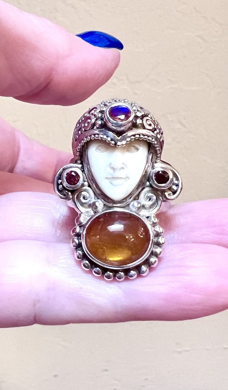 BEAUTIFUL ORNATE Sajen Sterling Silver Citrine, Garnet, Etc. Carved Goddess Ring