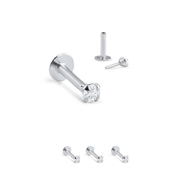 PAIR 18G PRONG SET CZ THREADLESS PUSH IN STEEL LIP LABRET EAR HELIX RING STUD
