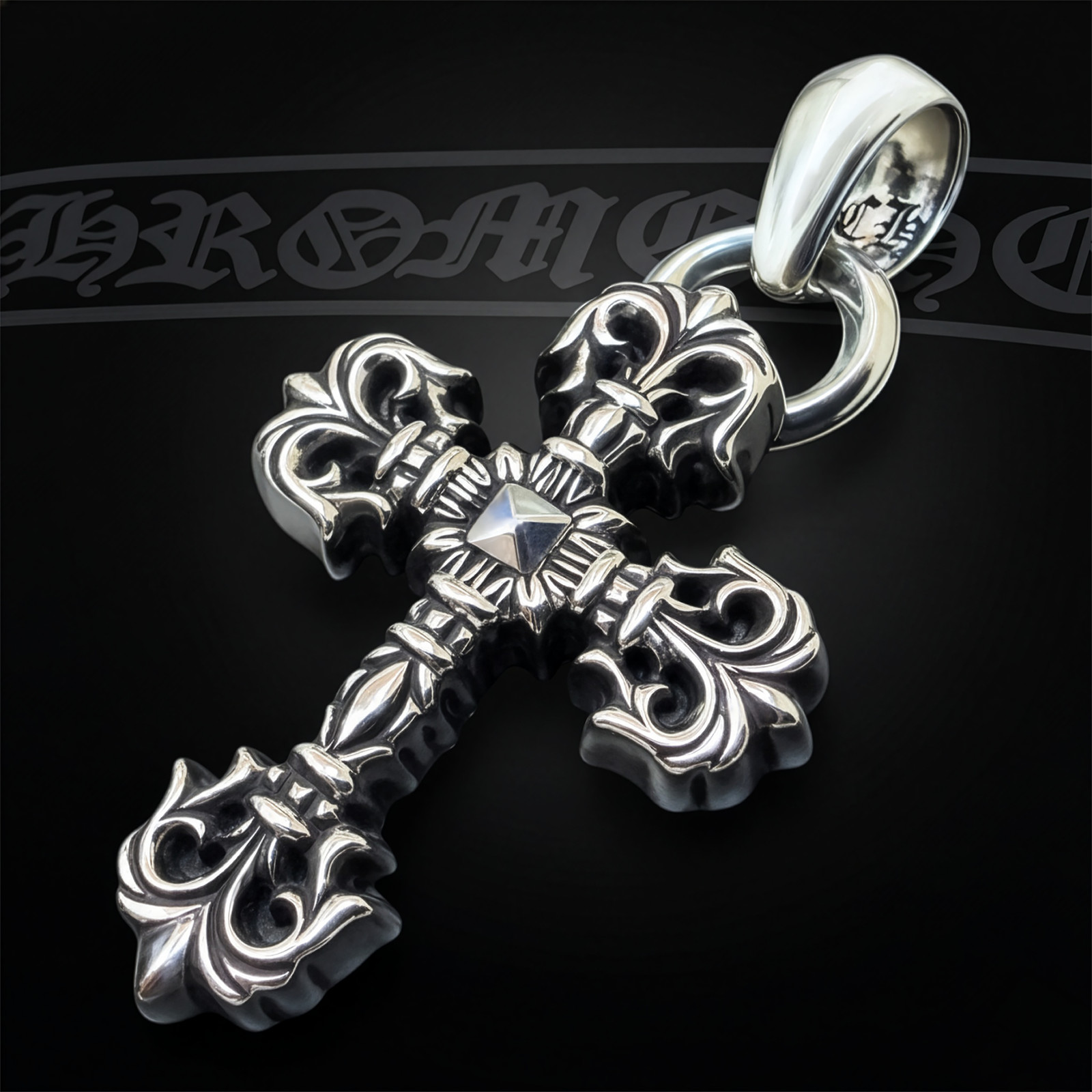 Authentic Chrome Hearts Large Filigree Cross Pendant + CH Pouch and Gift Bag