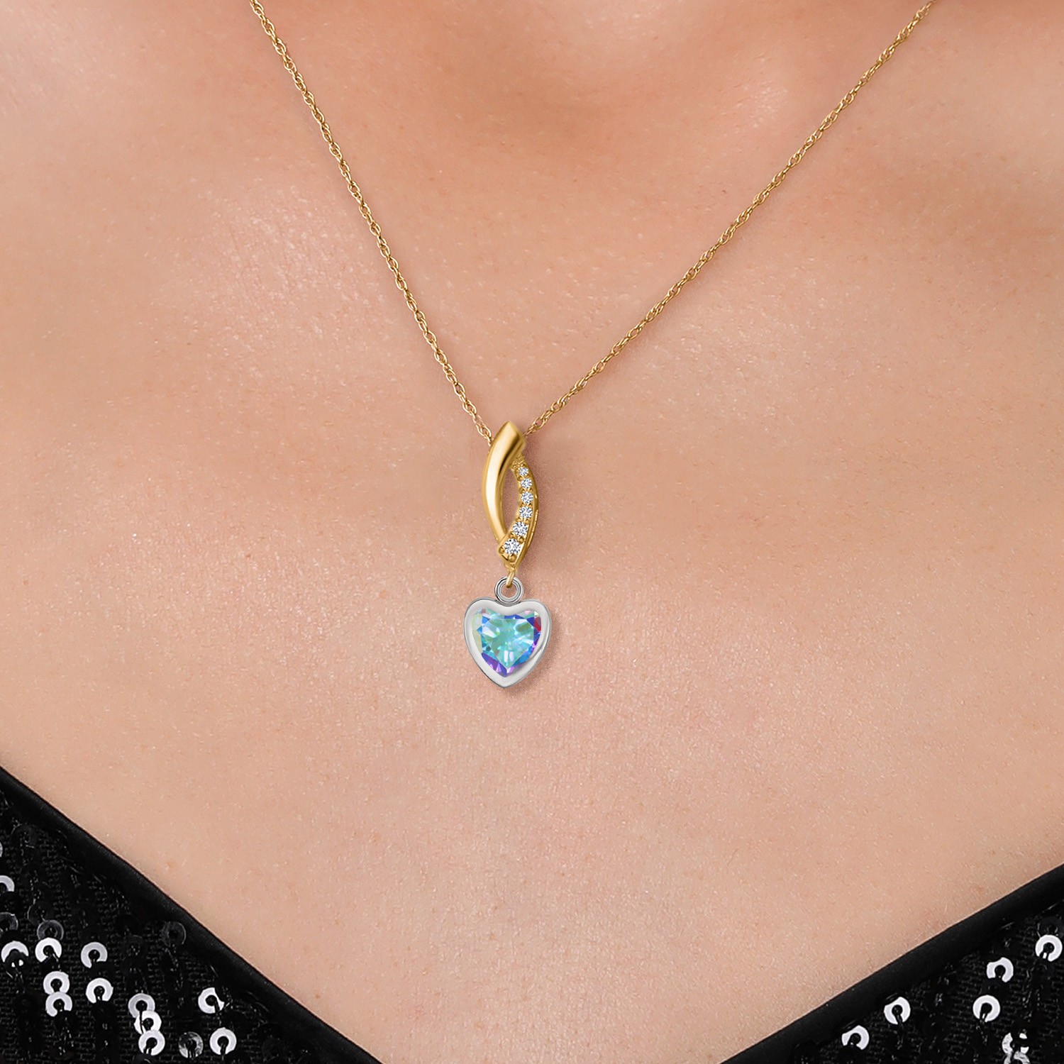 925 Silver and 10K Yellow Gold Mercury Mist Mystic Topaz and Lab Grown Diamond
