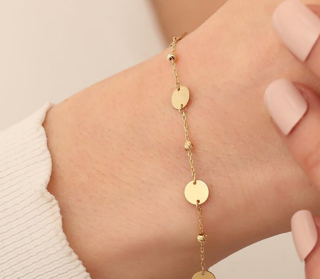 Dainty Disc Chain Bracelet – Minimalist 14K Yellow Gold Jewelry 19 cm/7.5 inches