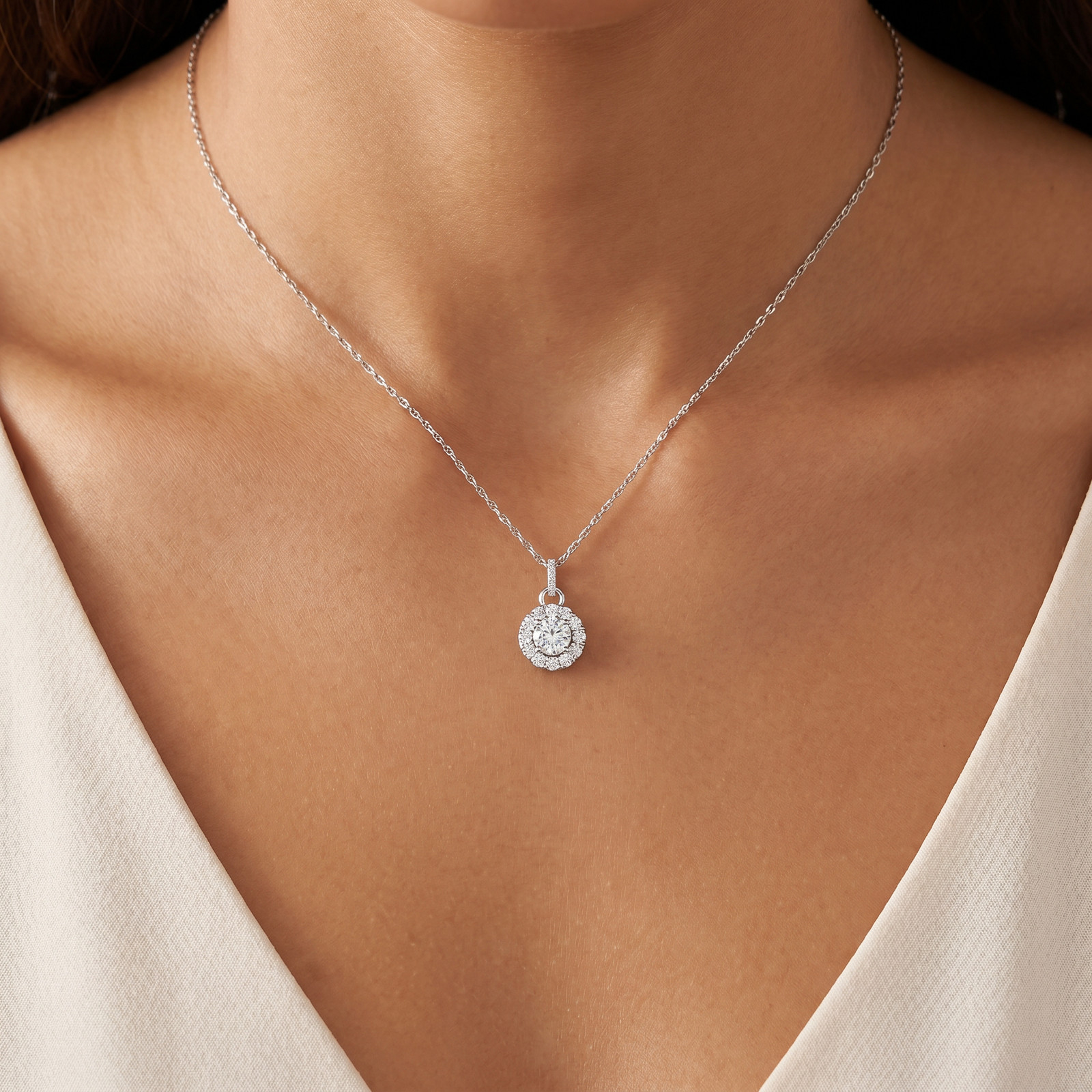 2 Ct TW Diamond (1ct center) Halo Pendant 10k White Gold Necklace