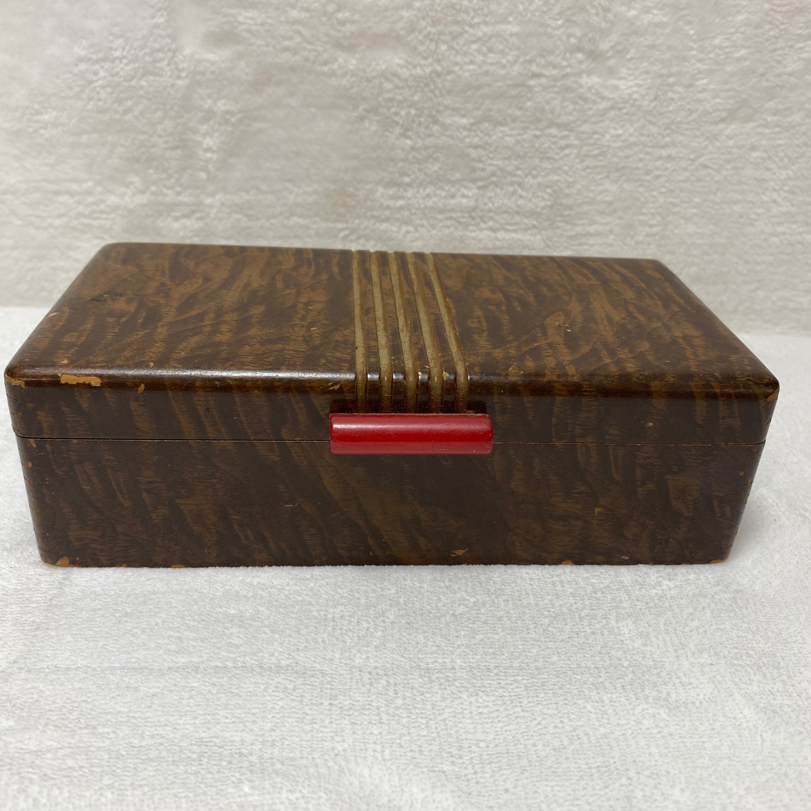 Vintage Bakelite Red Handle Wood Grain Jewelry Trinket Box Art Deco Storage