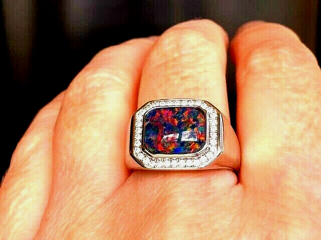 Heavy SS 10 SOLID Natural Australian Black Red Opal Men’s ring Signet SEE VIDEO