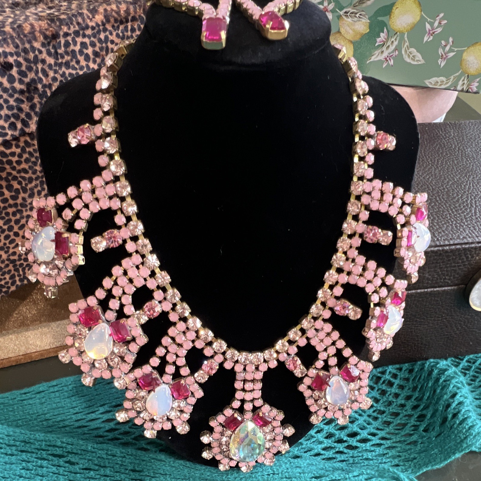 Pink & Clear Vintage Crystal Bib Statement Necklace, Prong-Set Round Stones