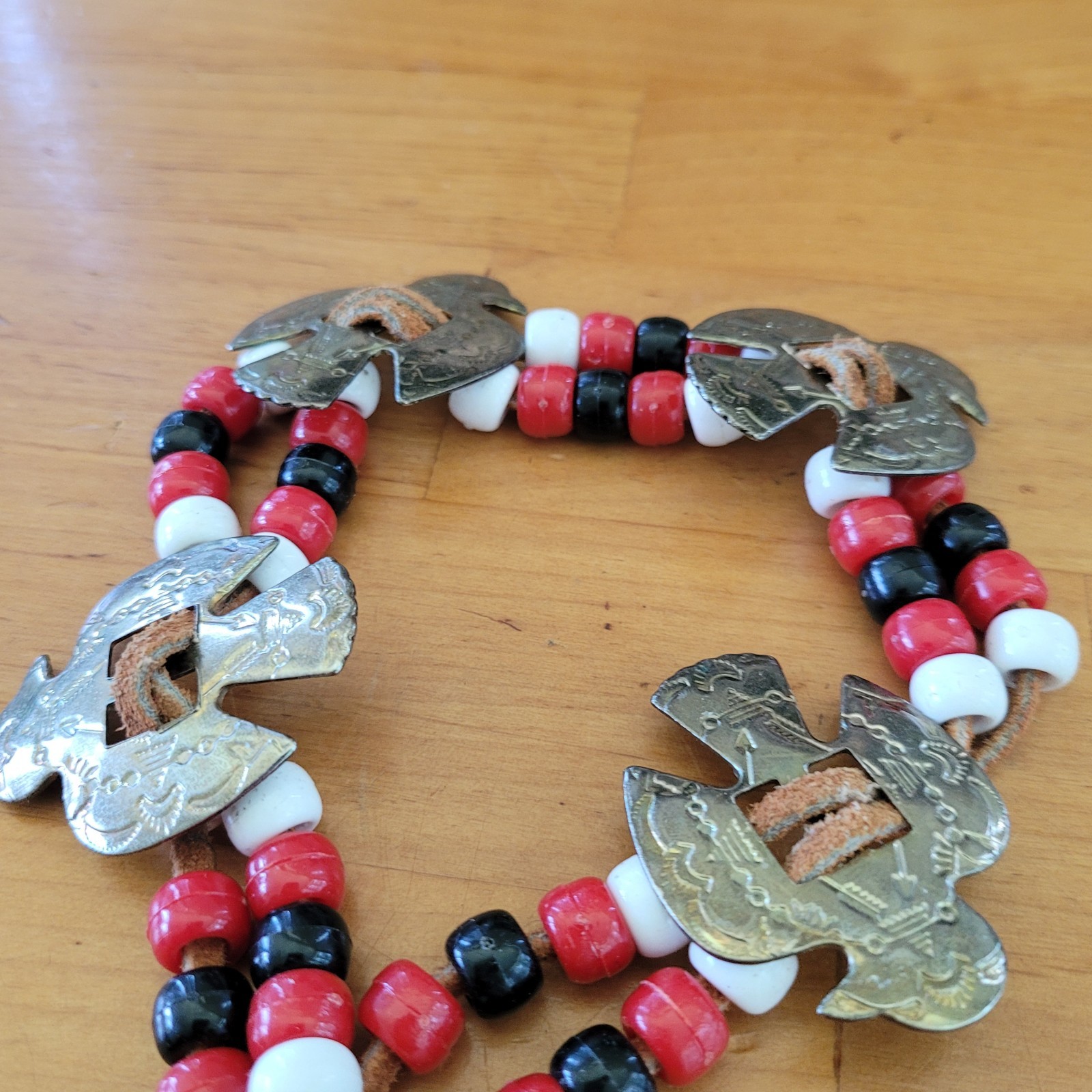 Tribal Southwestern Multi Strand Bracelet Red Black White Beads Bird Plaques 40g