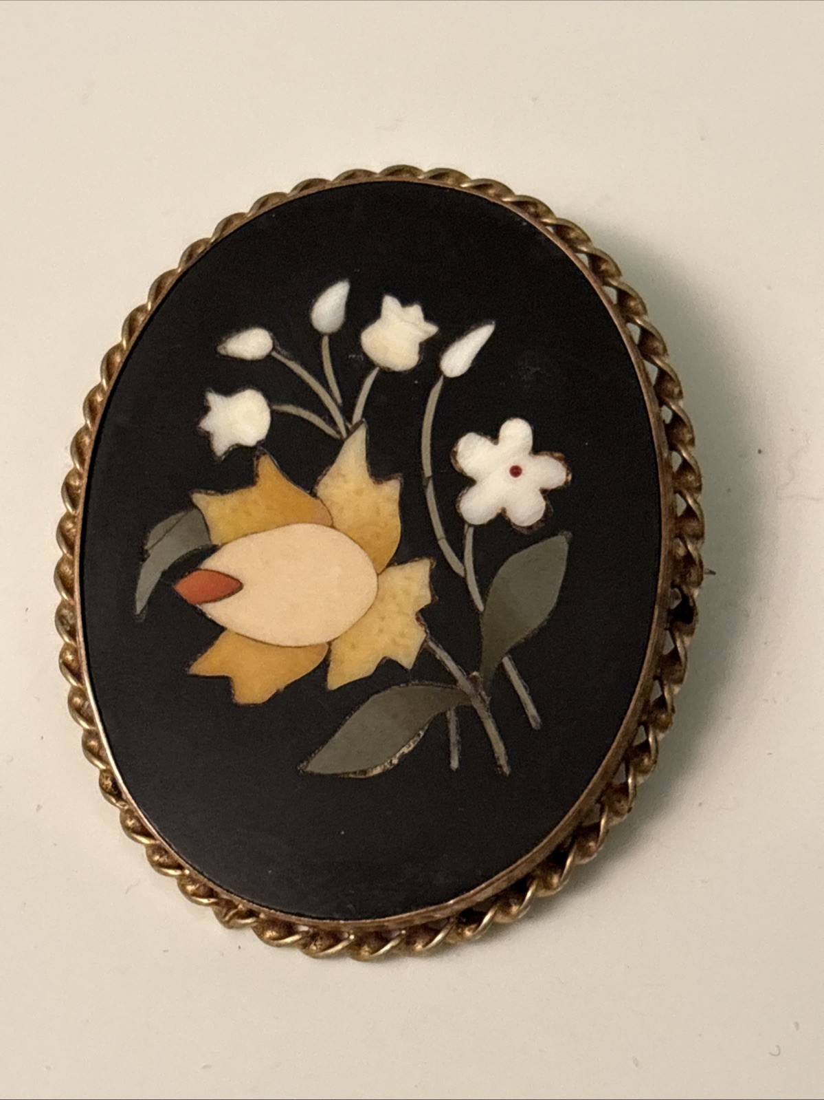 Vintage Gold Tone Floral Inlay Pietra Dura Brooch G2U