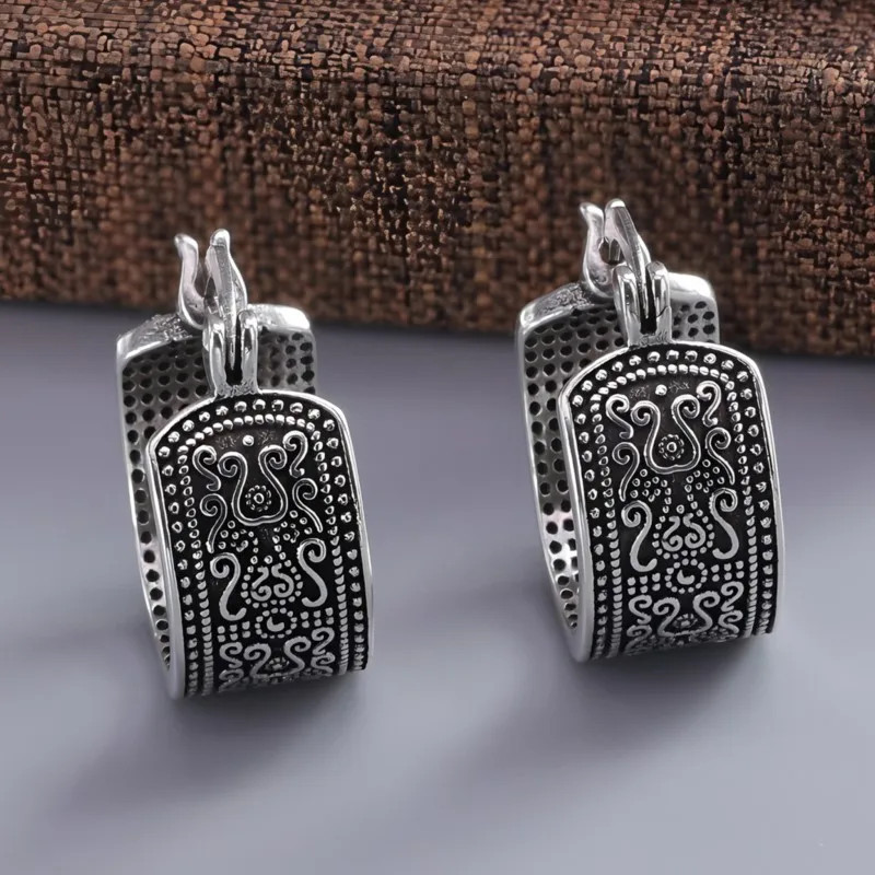925 Sterling Silver Texture Flower Earrings For Women Gothic Trendy Simple Retro