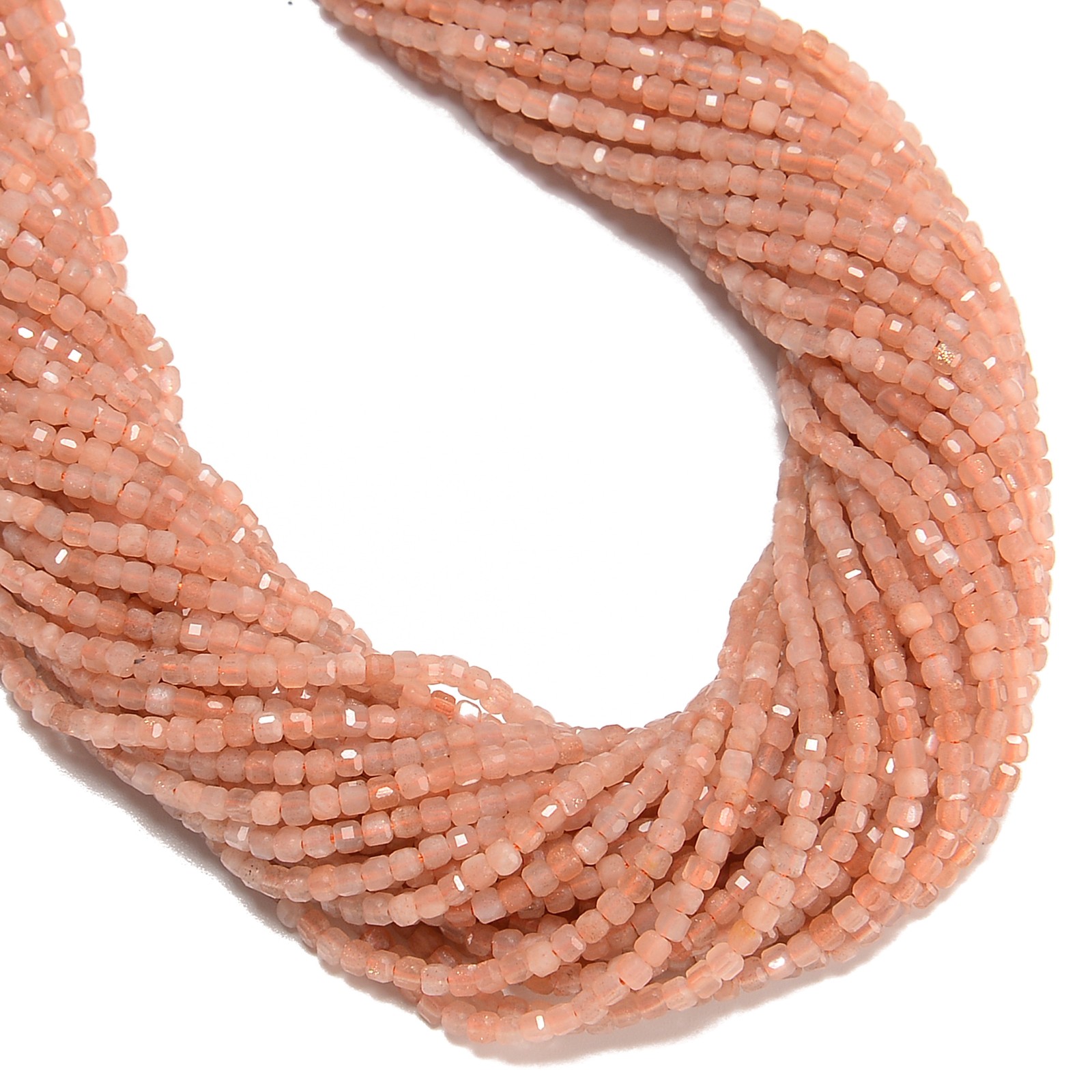 Natural Peach Moonstone Faceted Cube Beads Size 2mm 15.5” Strand
