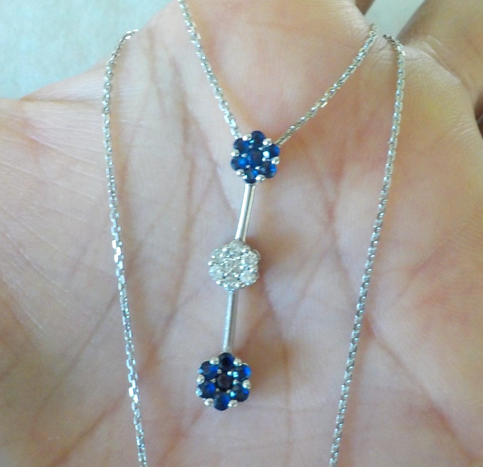 14K White Gold Bar Blue Sapphire Diamond Necklace – 4.0 gms, 18 in, 0.40 ctw