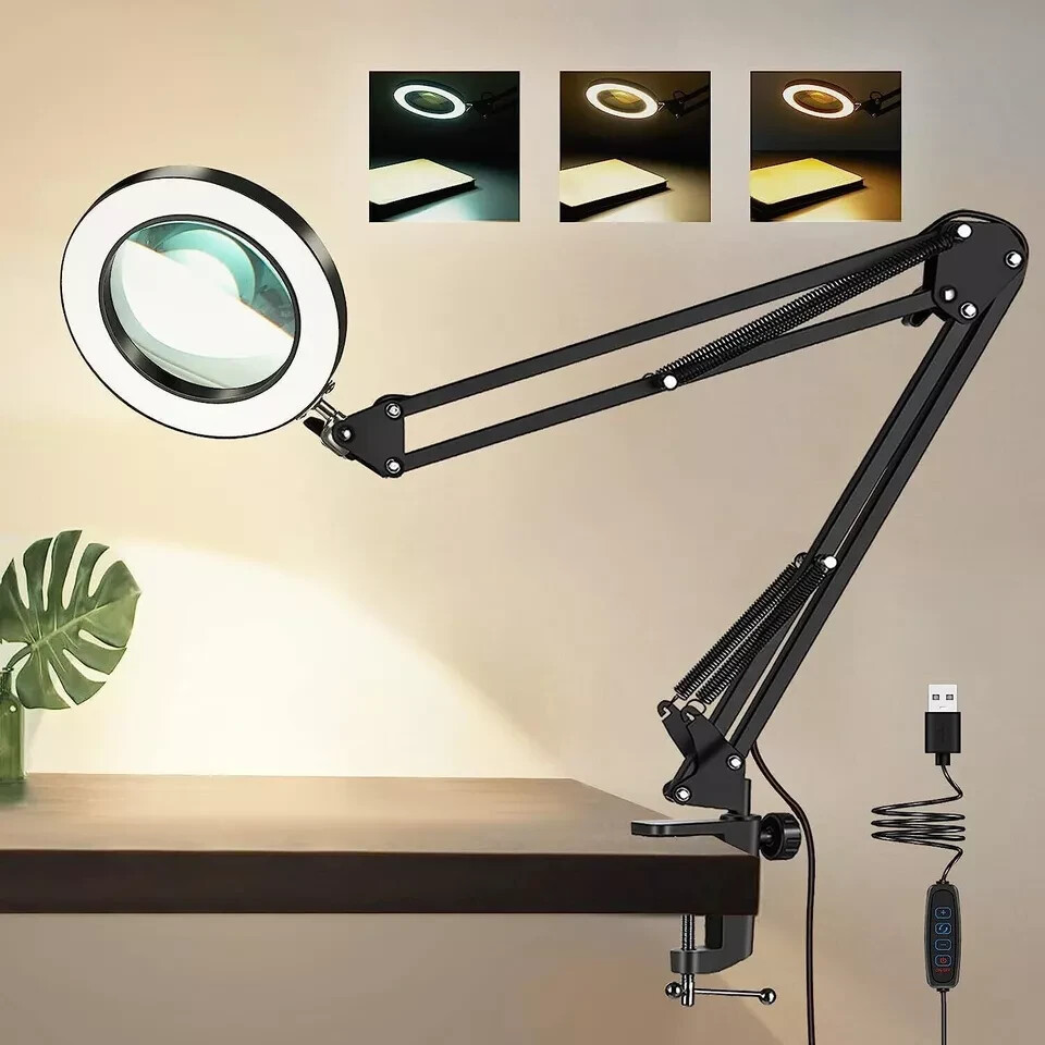 10X Magnifying Glass Desk Light Magnifier LED Lamp Reading Lamp With Base& Clamp
