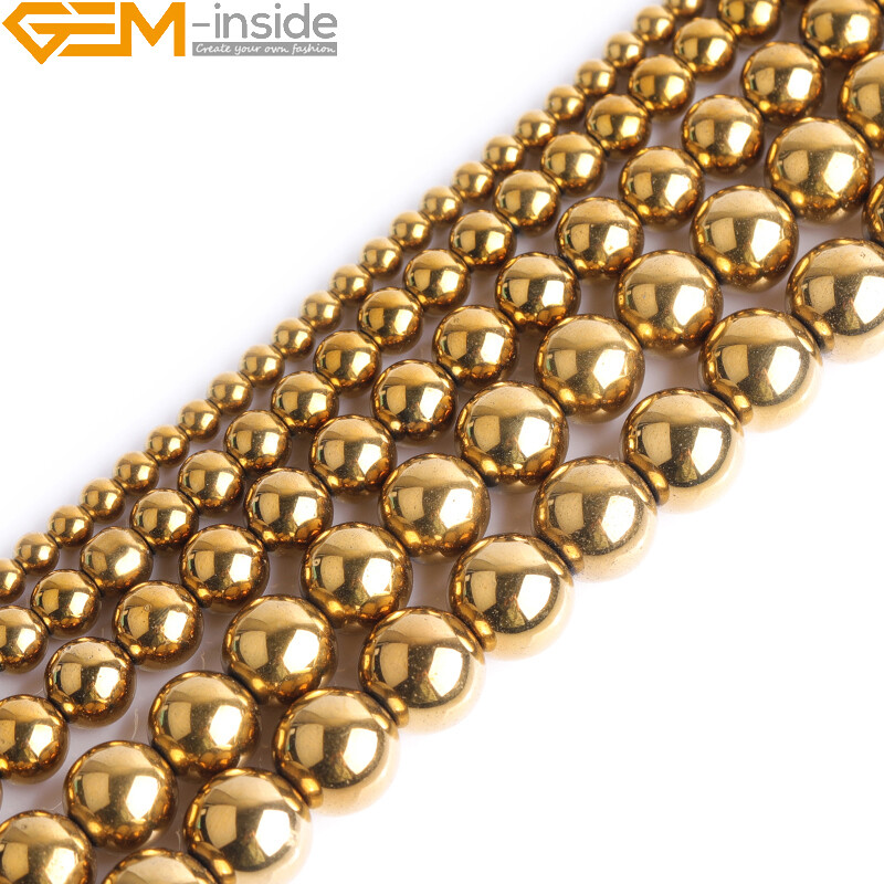 Metallic Coated Hematite Stone Spacer Gold Beads For Jewelry Making 15″ Round