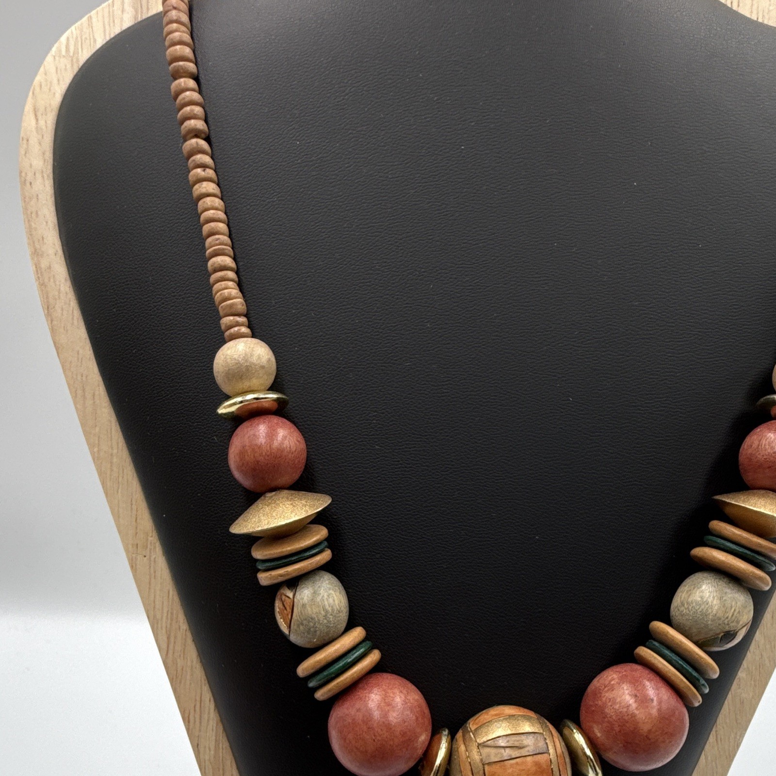 Vintage Boho Wooden Beaded Statement Necklace Earthy Orange Brown Chunky 20”