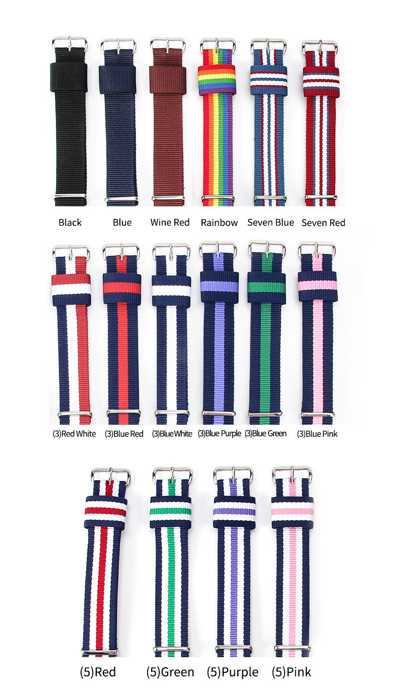 Nylon One Piece Watch Band Strap Striped Canvas Sports Wrist Band 18 20 22mm