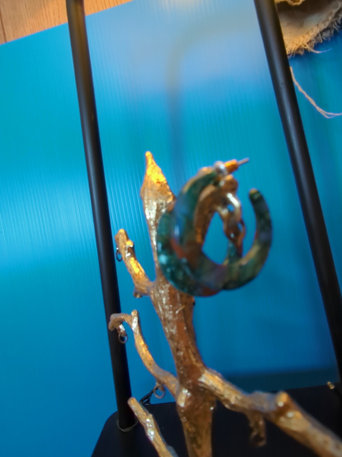 Resin Half Hoop Earrings For Pierced Ear Lobes Blue Plus Brown & Green Hues