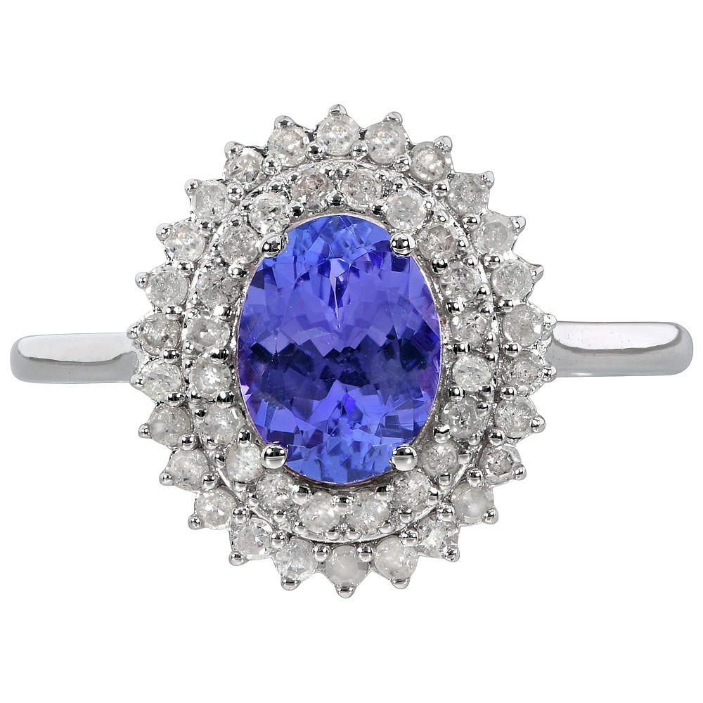 14k Solid White Gold Oval Natural Tanzanite & Double Halo Diamond Ring