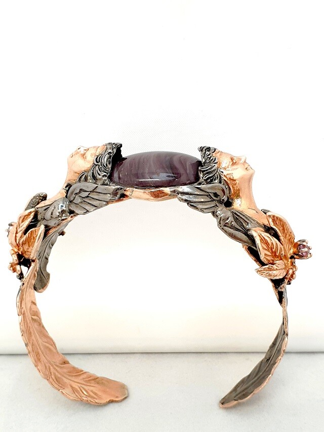 Rare Medusa Bracelet Sterling Silver 925 Rose Gold with Agate & Amethyst 1960