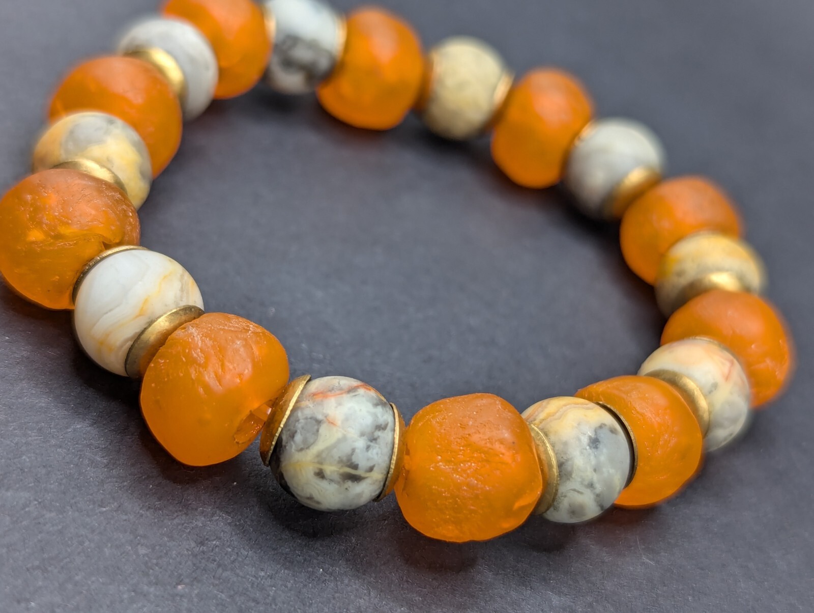 Chunky Orange glass, natural stone beaded stretch Bracelet (16cm) small wrist