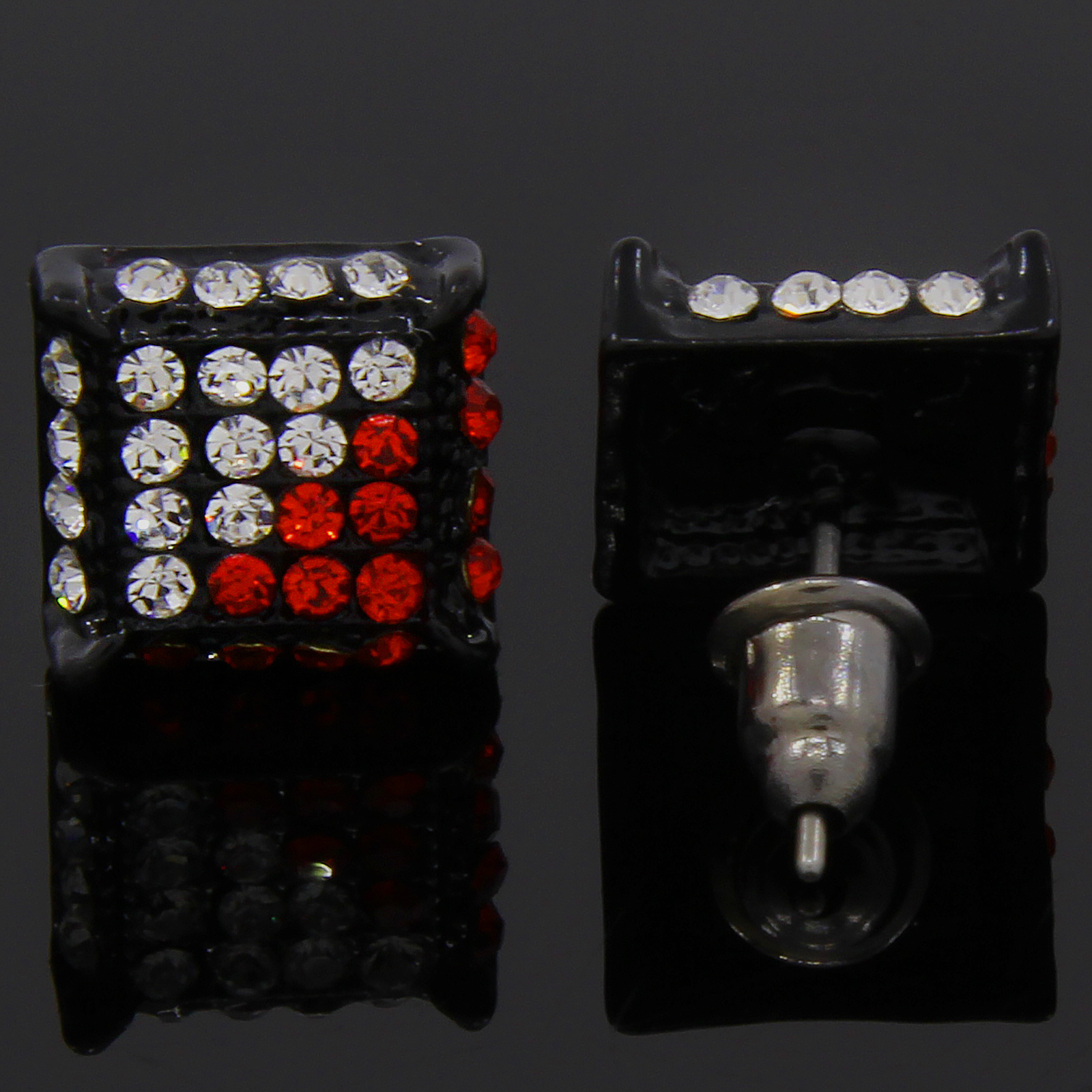 Mens Black Red Cubic-Zirconia Cube Hip Hop Micro Pave Stud Earrings