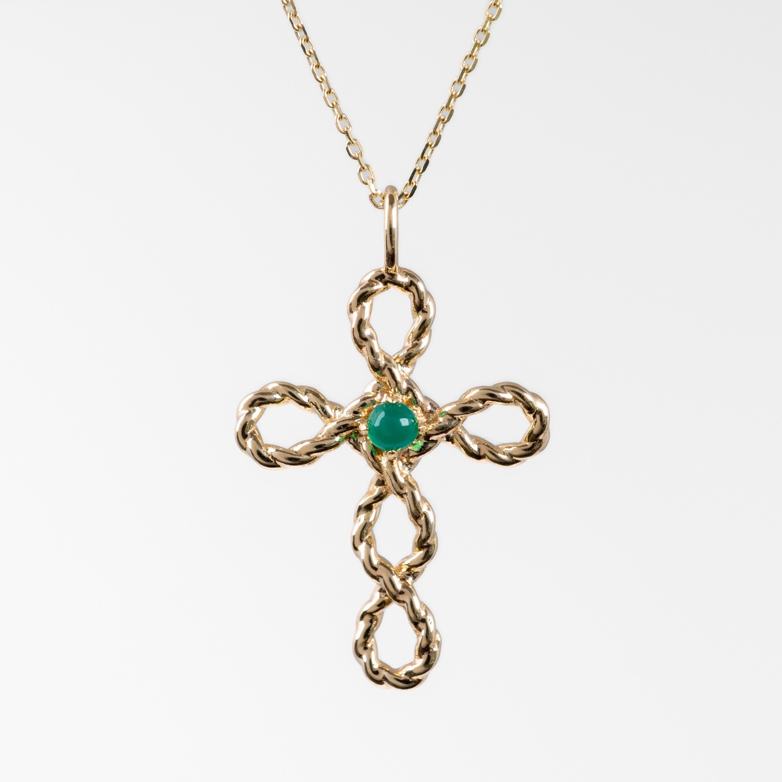 9ct Gold Cross Necklace Green Onyx Pendant Hallmarked Yellow Gold Cabochon