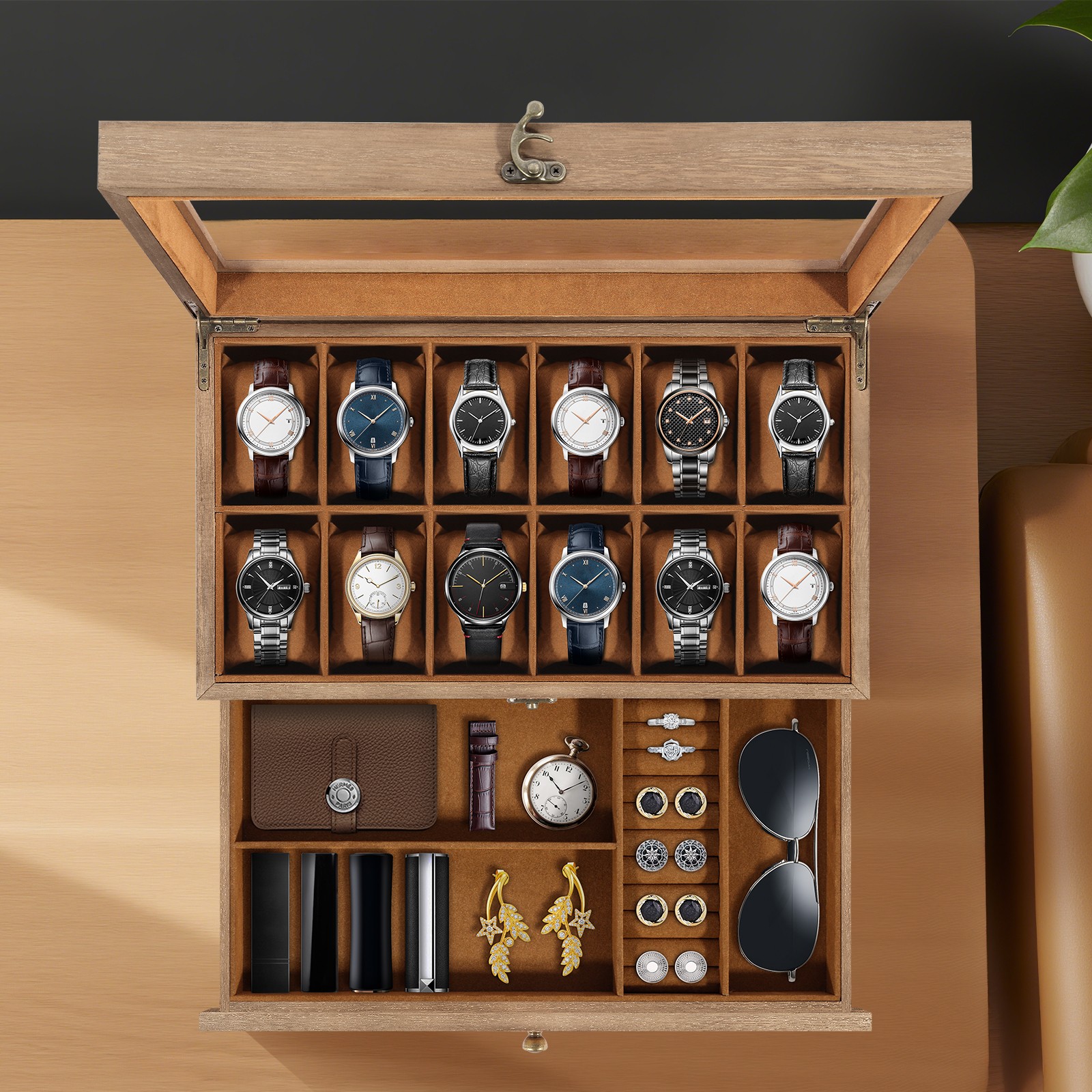 12 Slot Solid Wood Watch Box Clear Glass Top, Men’s Jewelry Display Storage Case