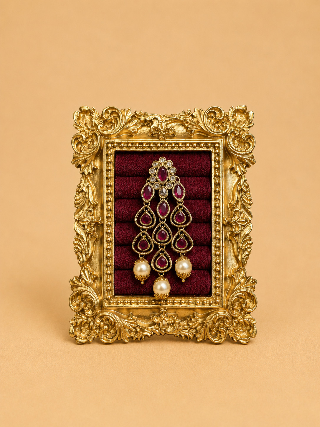 Indian Antique Chandelier Earrings Ruby Pink Stone Pearl Drop Gold Bridal Jhumka