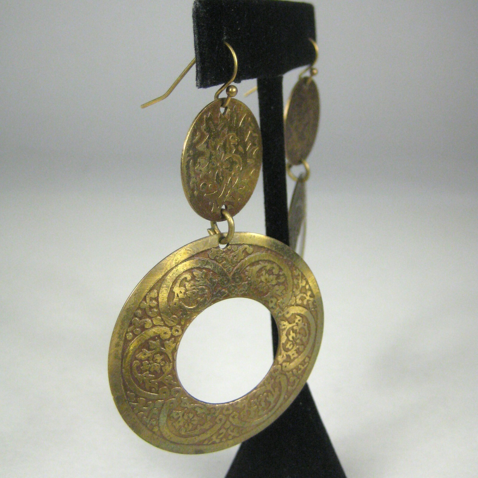 Earring Pierced 2.8 in Jewelry Dangle Brasstone Hammered Texture Boho Statement