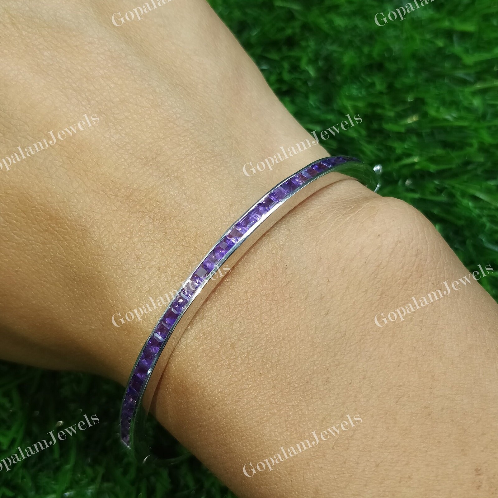 Sterling Silver Amethyst Bangle: Square Cut February Birthstone Jewelry