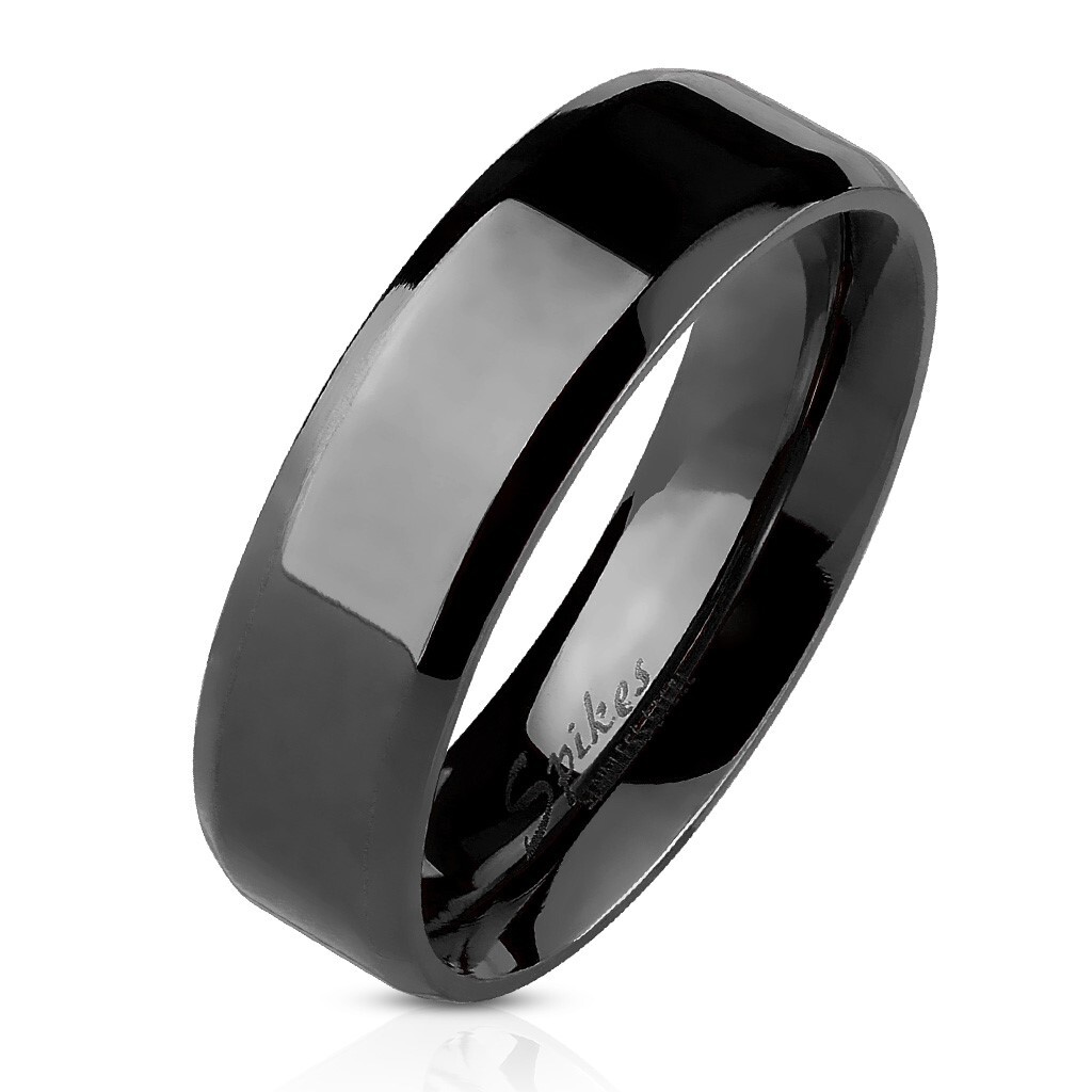 Stainless Steel Black Flat Beveled Polished 6mm 8mm Wedding Band Ring Size 5-14