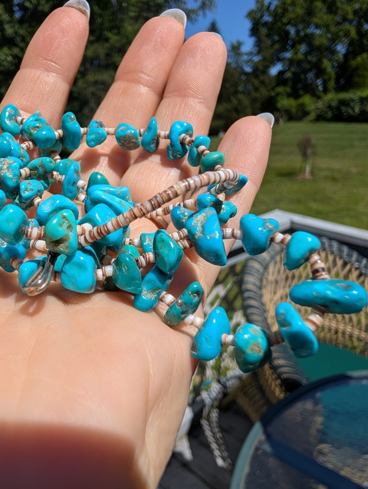 Vintage Kingman Turquoise Olive Shell Heishi Necklace 29″ Southwestern 35g