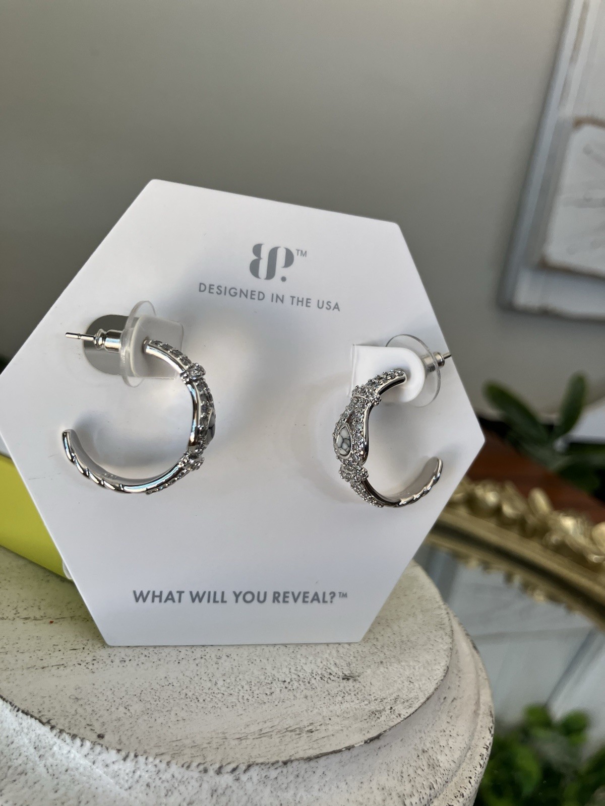 Bomb Party OG Earrings “Serving Looks” Howlite Hoops On Rhodium ER49507
