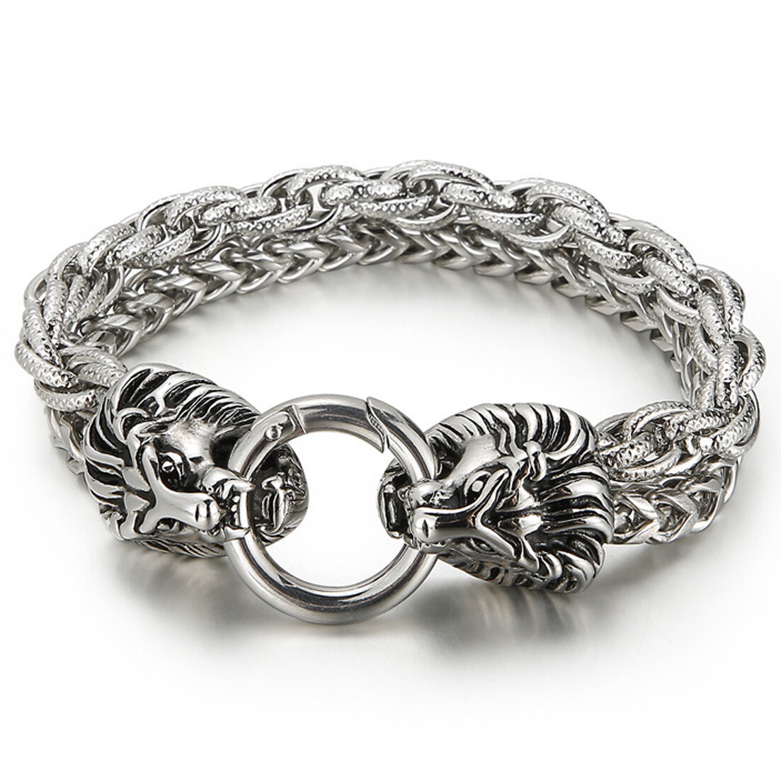 Men Heavy Silver Stainless Steel Lion Head Franco Link Chain Bracelet 8.86″ 14mm