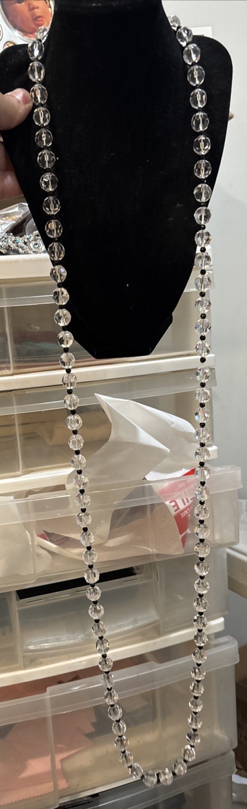 Breathtaking Clear Black Crystal Bead Long Necklace Quality Unsigned 52”!!