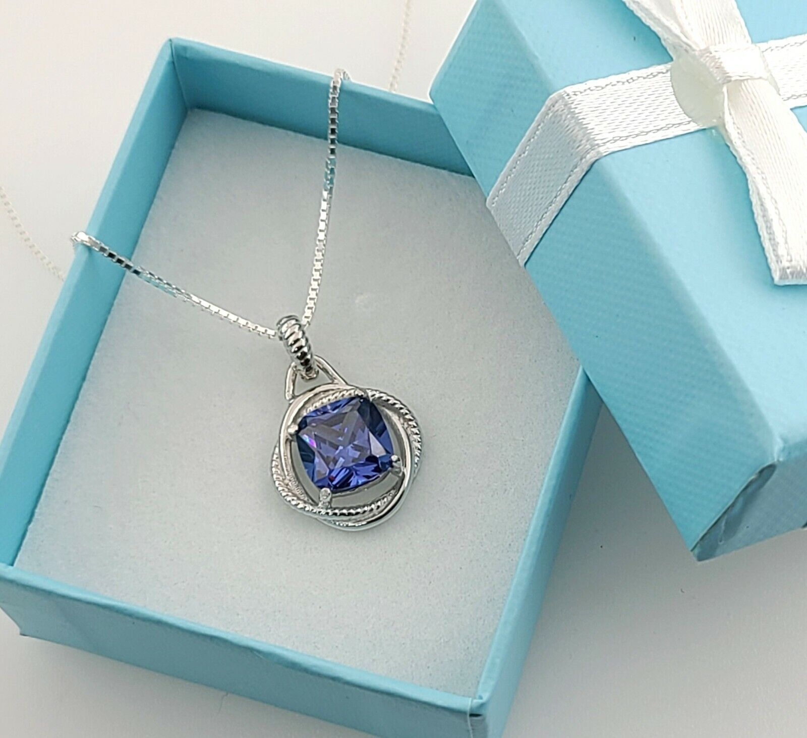 TANZANITE 8mm CUSHION INFINITY NECKLACE (16″ Or 18″) 925 Sterling Silver