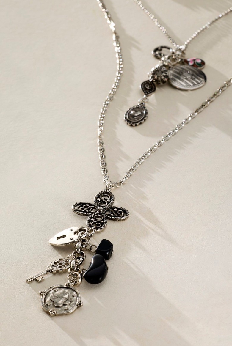 Free People Winlet Layer Necklace Silver Tone Mixed Long 3 Layer Charms NWT