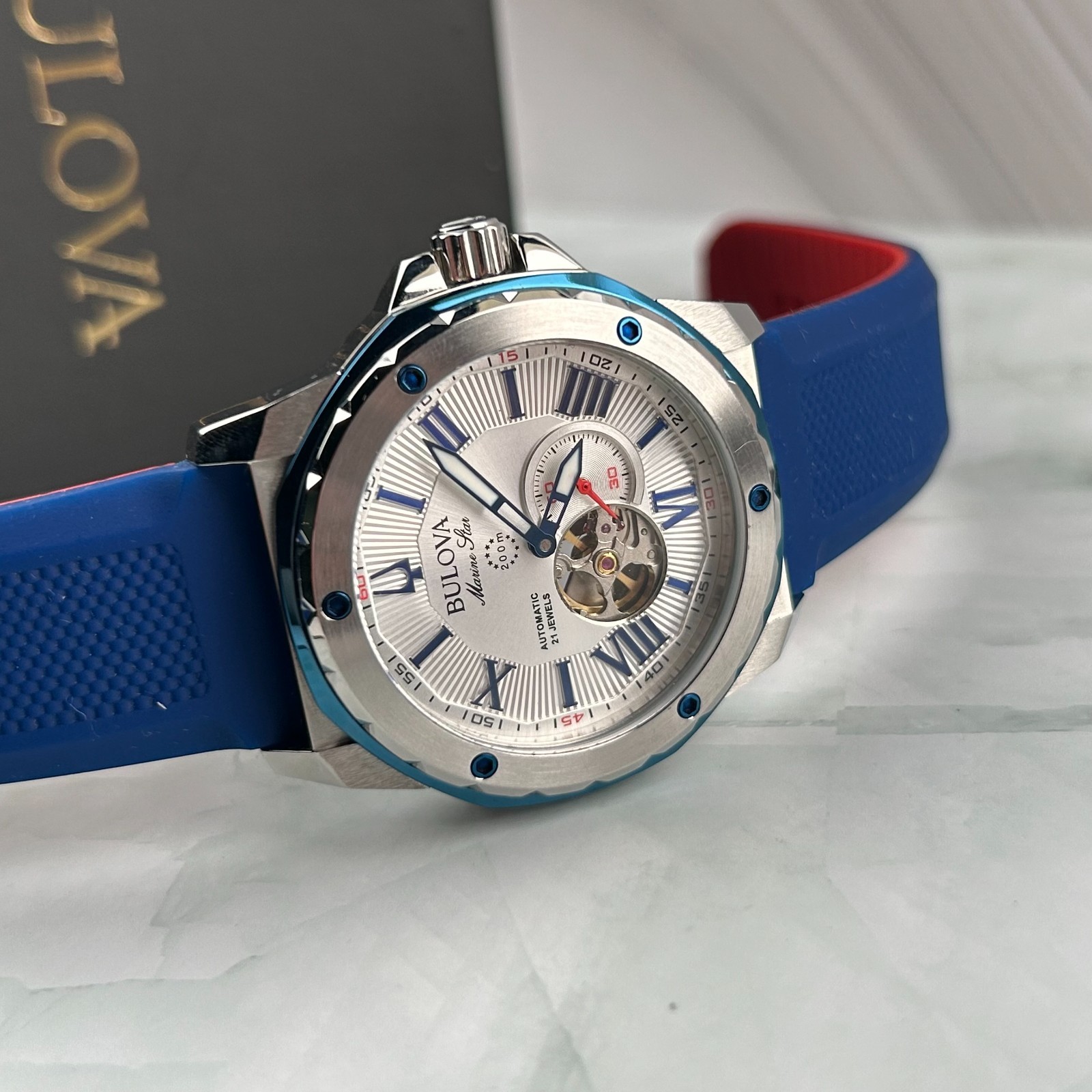 Bulova Marine Star 98A225 White Dial Blue Rubber Strap Men Automatic Watch 45MM