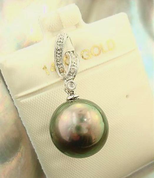 14k White Gold 13.7mm 17.45Cts Black Tahitian Pearl 0.045Cts Diamond Pendant #3