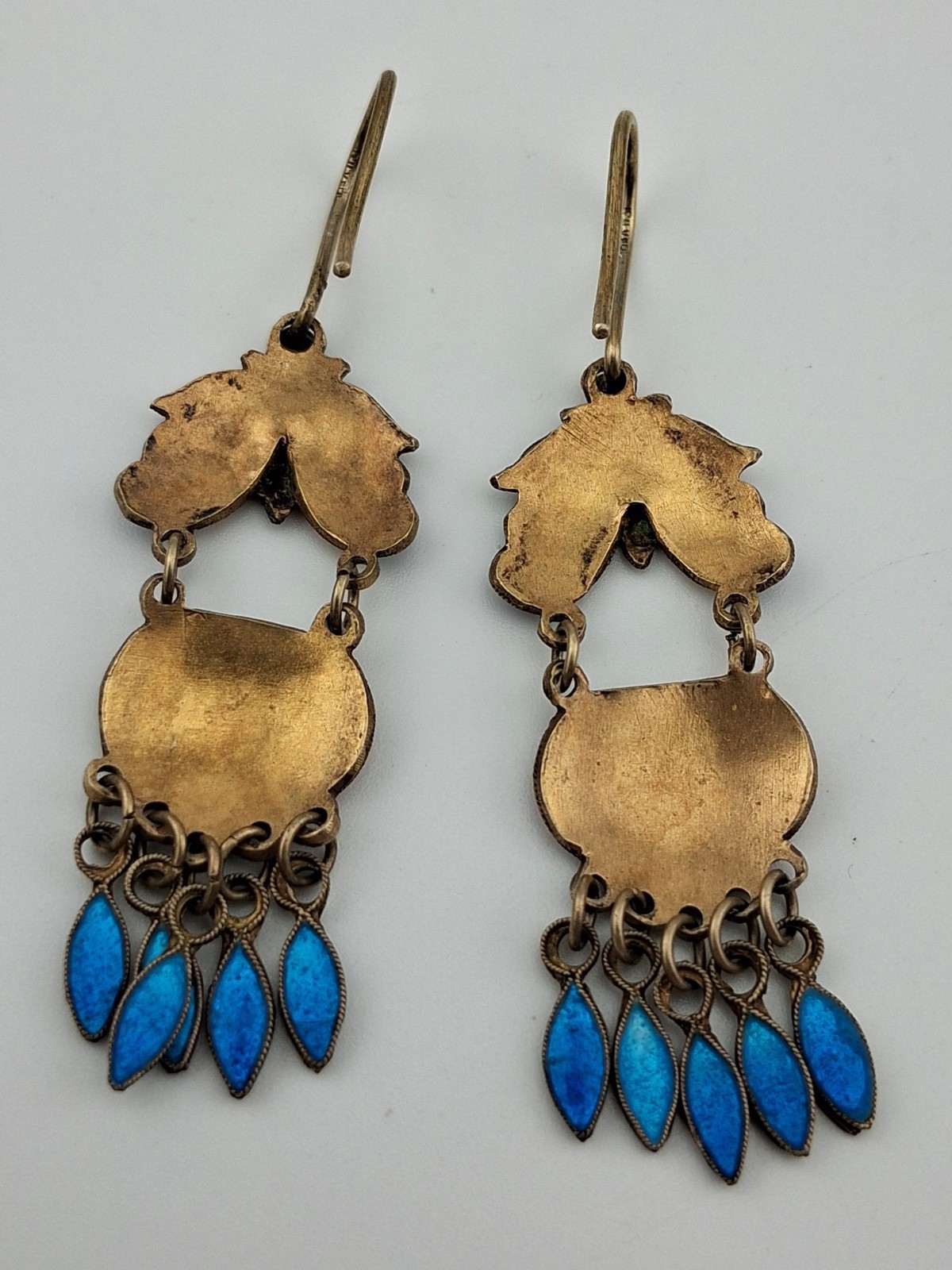 Fabulous! Pair Vintage Sterling Silver Gilt Enameled Chinese Export Earrings