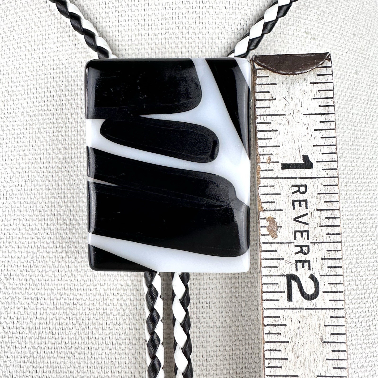 Stunning Vintage Black & White Artist Signed Fused Glass Western Bolo Tie