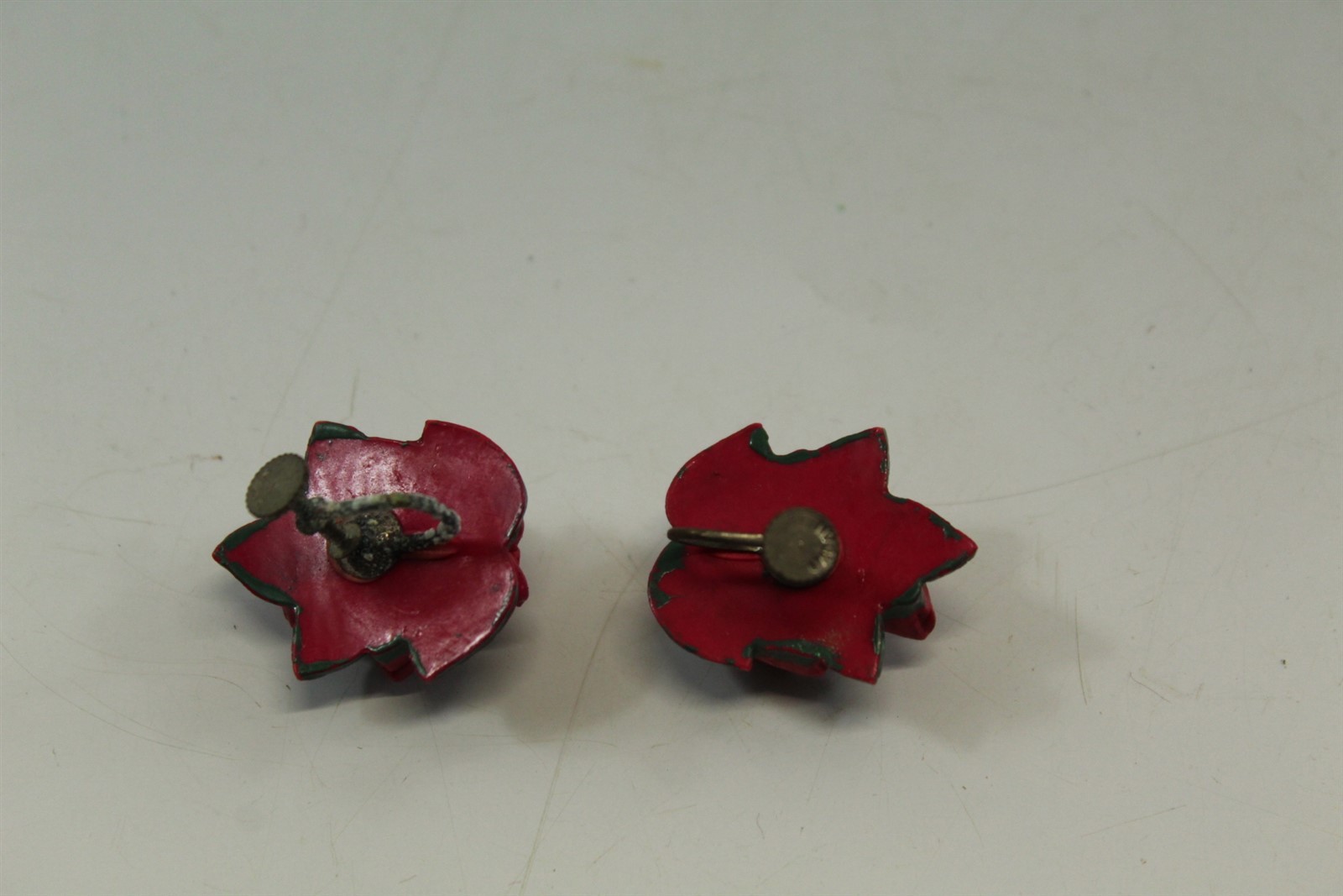 Vintage Earrings Red Rose Clip On Silver-tone Alloy On Acrylic Stamped Japan