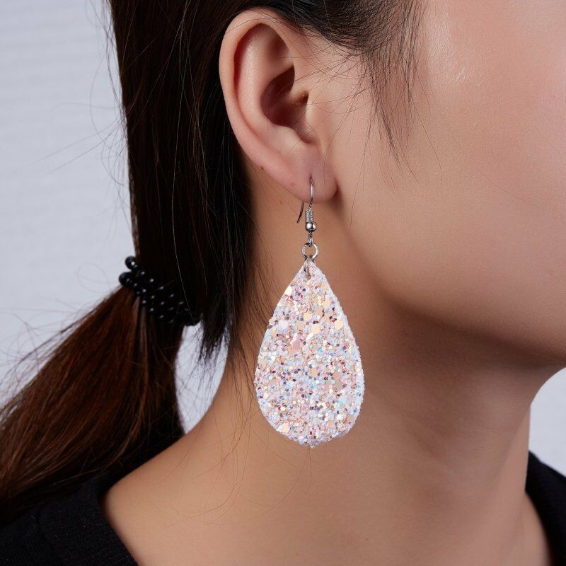 Fashion Jewelry White Glitter Faux Leather Fabric Teardrop Hook Dangle Earrings