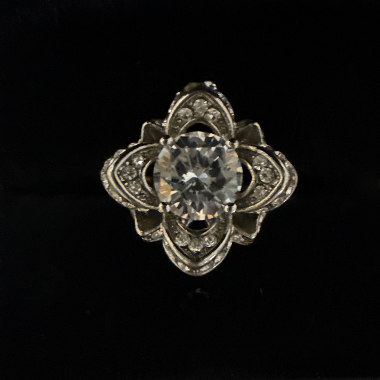 Loully Ring Flower Crystal Ring Sz 9.25 Marked 925 Silver