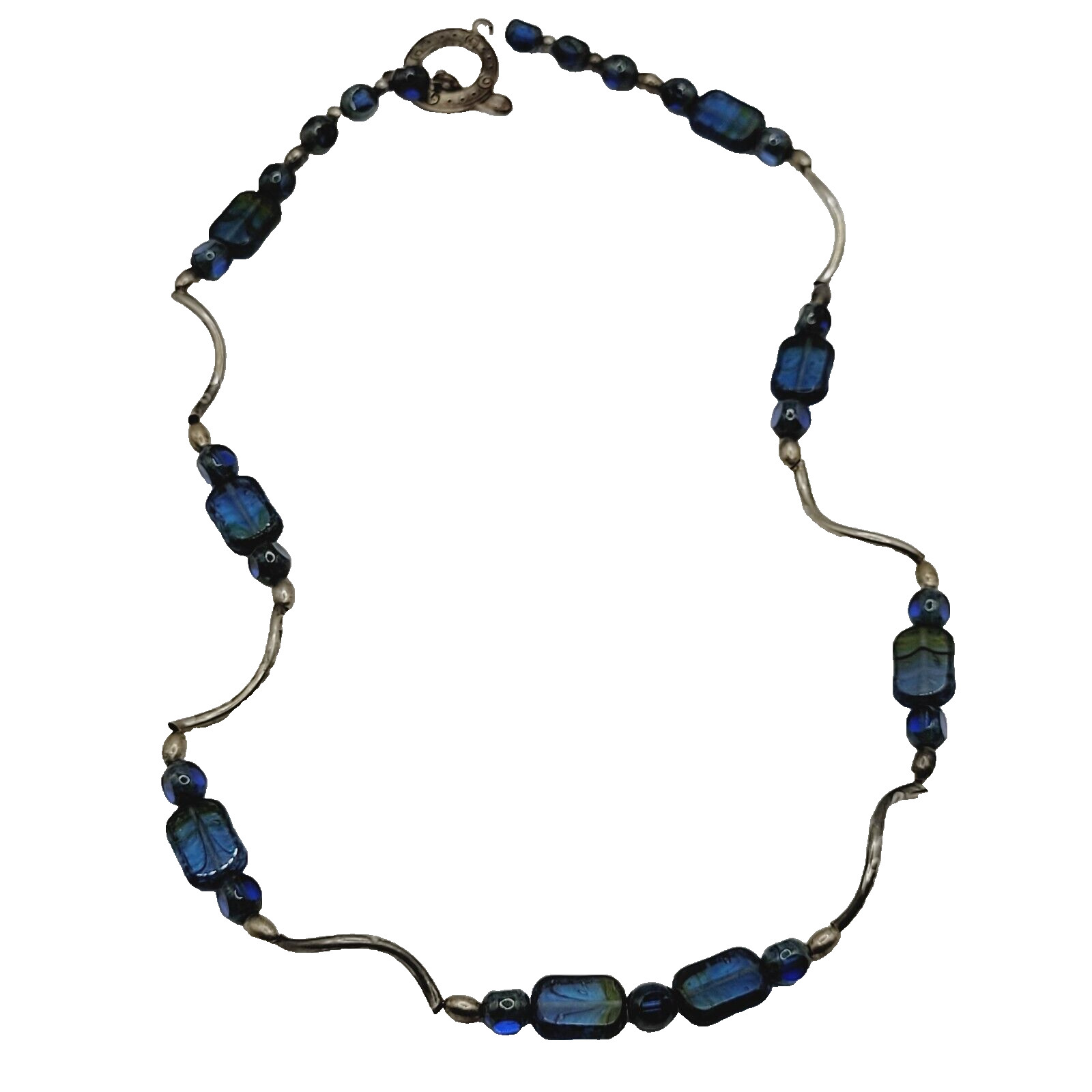 Vintage Blue Green Translucent Art Glass Necklace Wavy Silver Tone Alloy 18 in