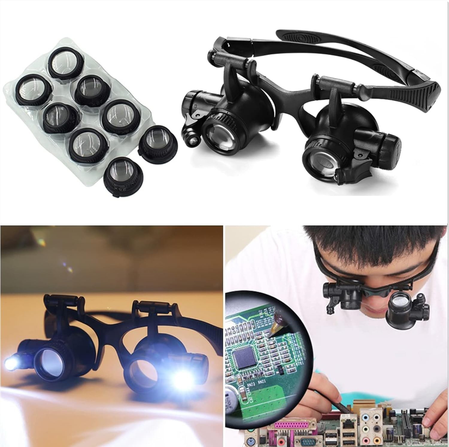 Ergonomic Headband Magnifier with LED Light – Hands-Free 10X-25X Magnification